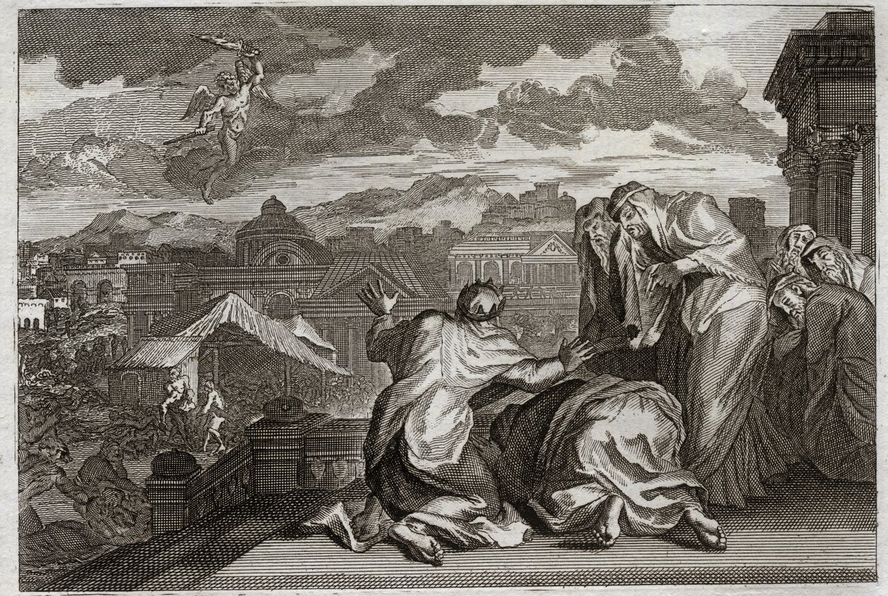 Bible of Royaumont, Gamla testamentet: Fleau of the Plague. Och David, efter att ha skymt hela sitt folk genom en fåfänga rörelse, plågade Gud hans rike med en pest som tar sjuttio tusen man på tre dagar. Illustration från 1811. av Unknown artist
