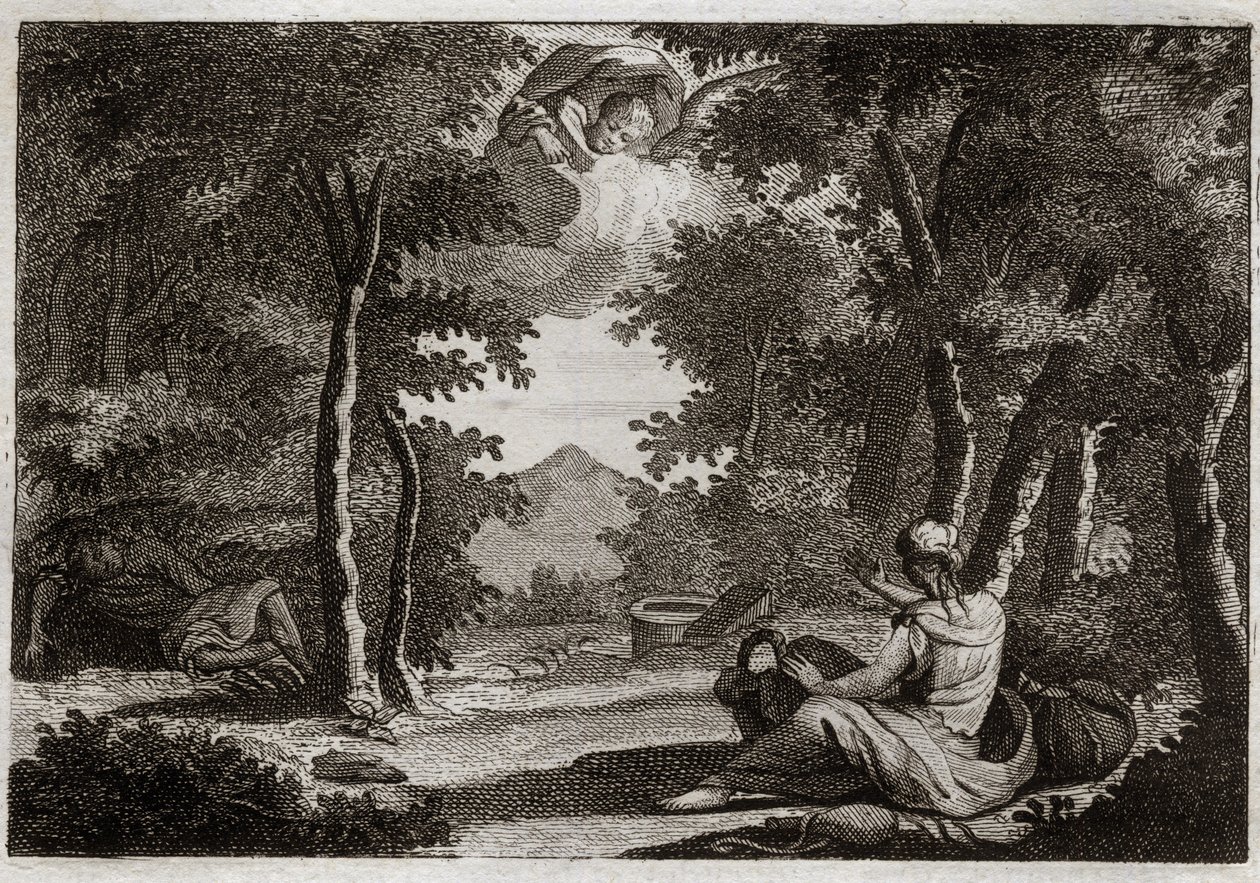 Bibeln från Royaumont, Gamla testamentet: Agarflyg. Agar (Hagar) reser berättelsen Sara (Sarah) hans älskarinna. Sara pratar med allvar om sin fräckhet. Agar kan inte lida henne och flydde från huset i öknen, eller en ängel pratar med henne för att ta henn av Unknown artist