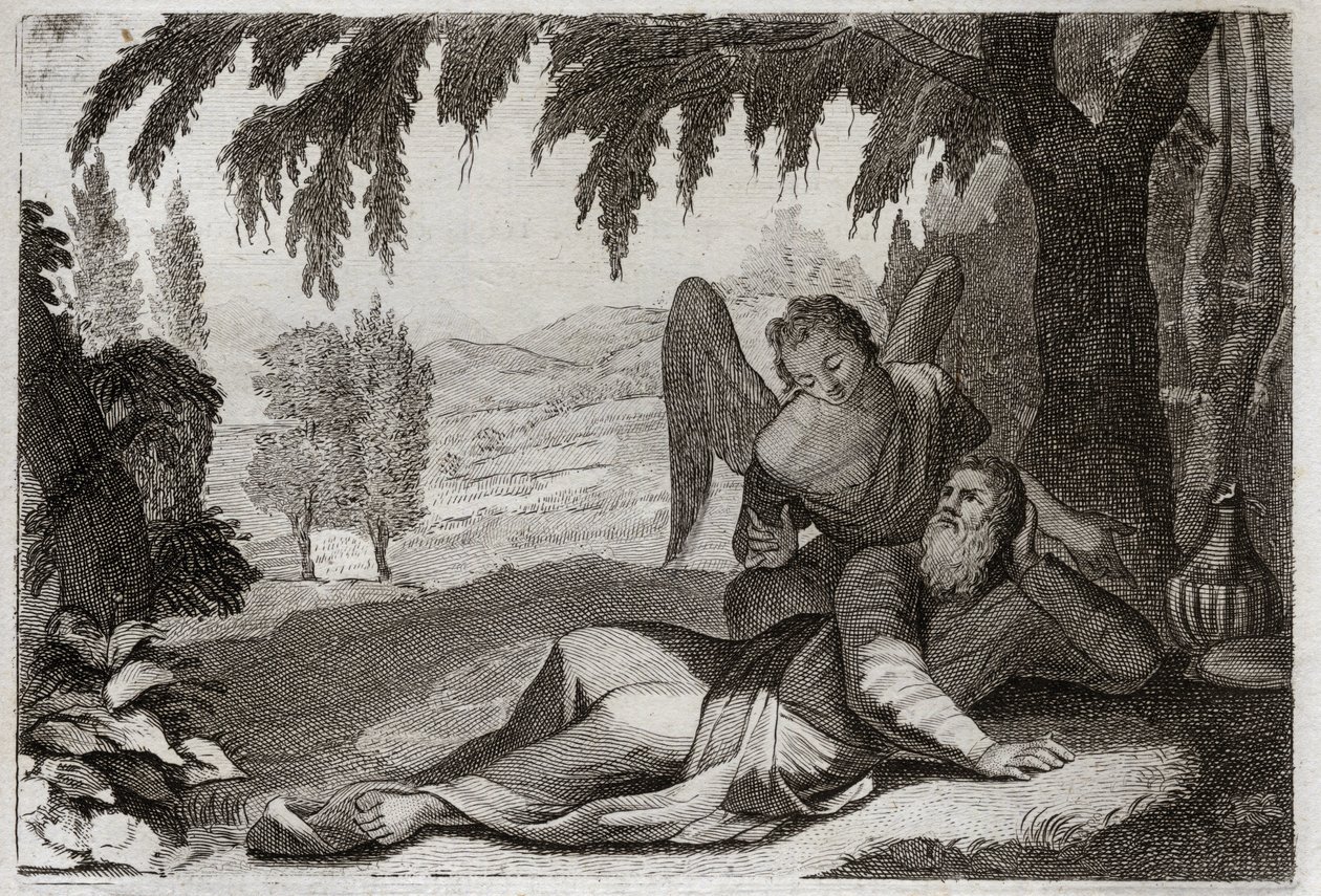 Bibeln från Royaumont, Gamla testamentet: Elias flykt. Elia flyr Jezabels vrede, som ville hämnas på honom för hans falska profeters död, stöds i öknen av en ängel som ger honom mat. Illustration från 1811. av Unknown artist