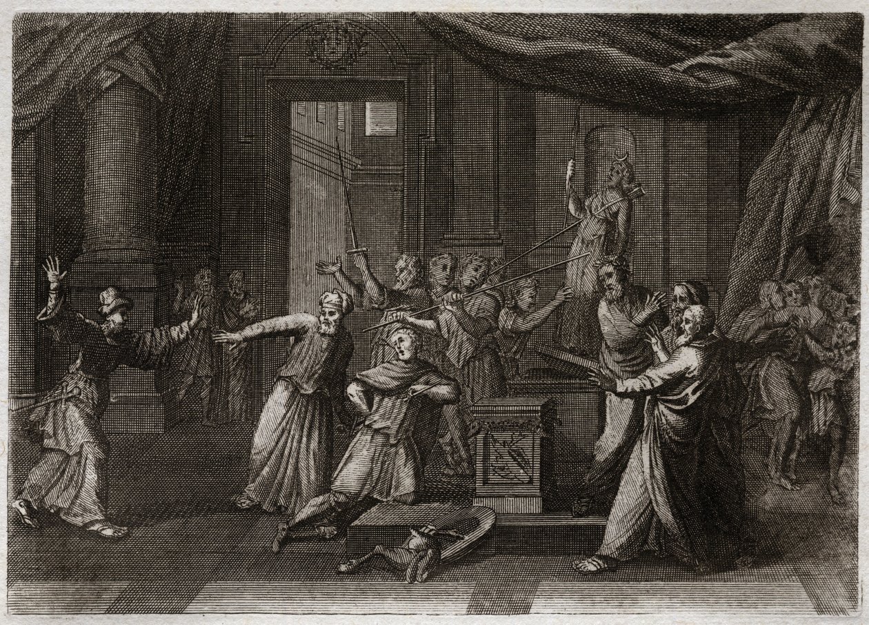 Bibeln från Royaumont, Gamla testamentet: Matathias generosite. Mathathias (Mattathias), makabéernas far (makkabeerna, makabeerna), dödar en jude som offrade till avgudar genom en helig zele av Guds lag. Illustration från 1811. av Unknown artist