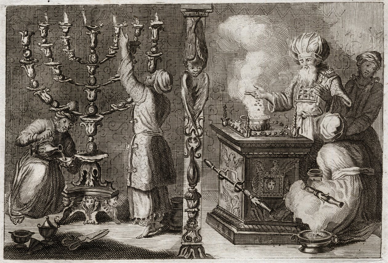 Bibeln från Royaumont, Gamla testamentet: Gyllene ljusstake har sju grenar (menora eller menora) i tabernaklet. Illustration från 1811. av Unknown artist
