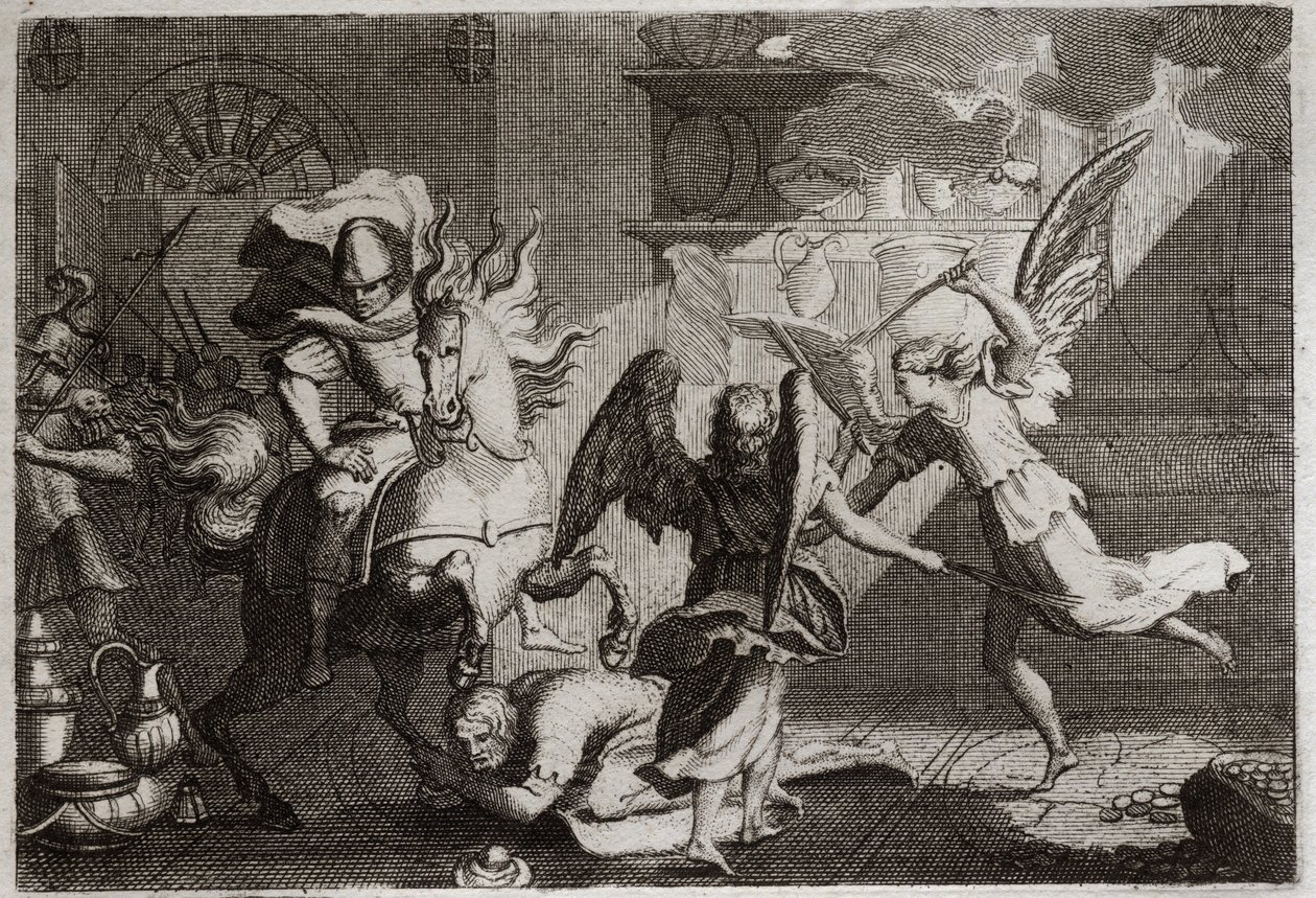 Bibeln från Royaumont, Gamla testamentet: Heliodor jagar templet. Heliodore (Heliodoros) skickad av sin härskare för att plundra Jerusalems tempel, misshandlades med meter av änglar. Illustration från 1811. av Unknown artist