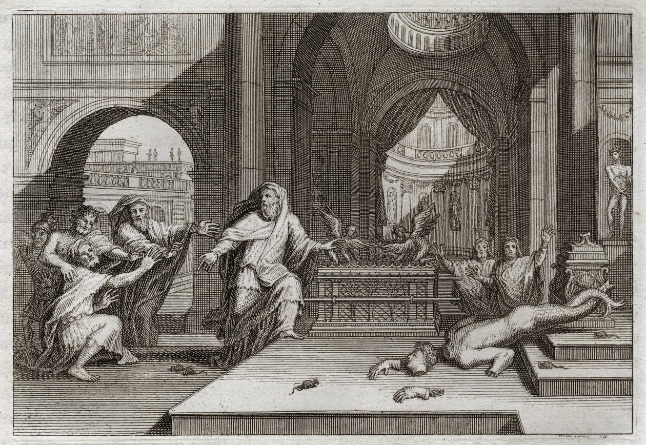 Bibeln från Royaumont, Gamla testamentet: Dagons idol. Och när filistéerna satte förbundsarken i templet bredvid Dagon, sin Gud, förde hon ner deras avgud och slog dem alla med en plåga som var mycket skörde, vilket tvingade dem att skicka bort henne. Illu av Unknown artist