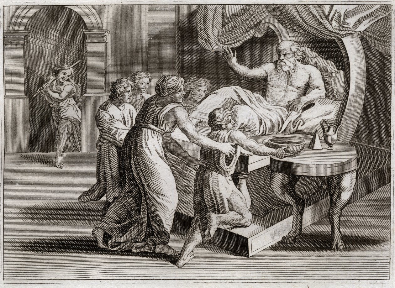 Bibeln från Royaumont, Gamla testamentet: Isak välsignade Jakob. Isak, som önskar välsigna Esau, ger Jakob sin välsignelse genom Rebeckas vishet, som hon tillhörde enligt Guds plan. Illustration från 1811. av Unknown artist