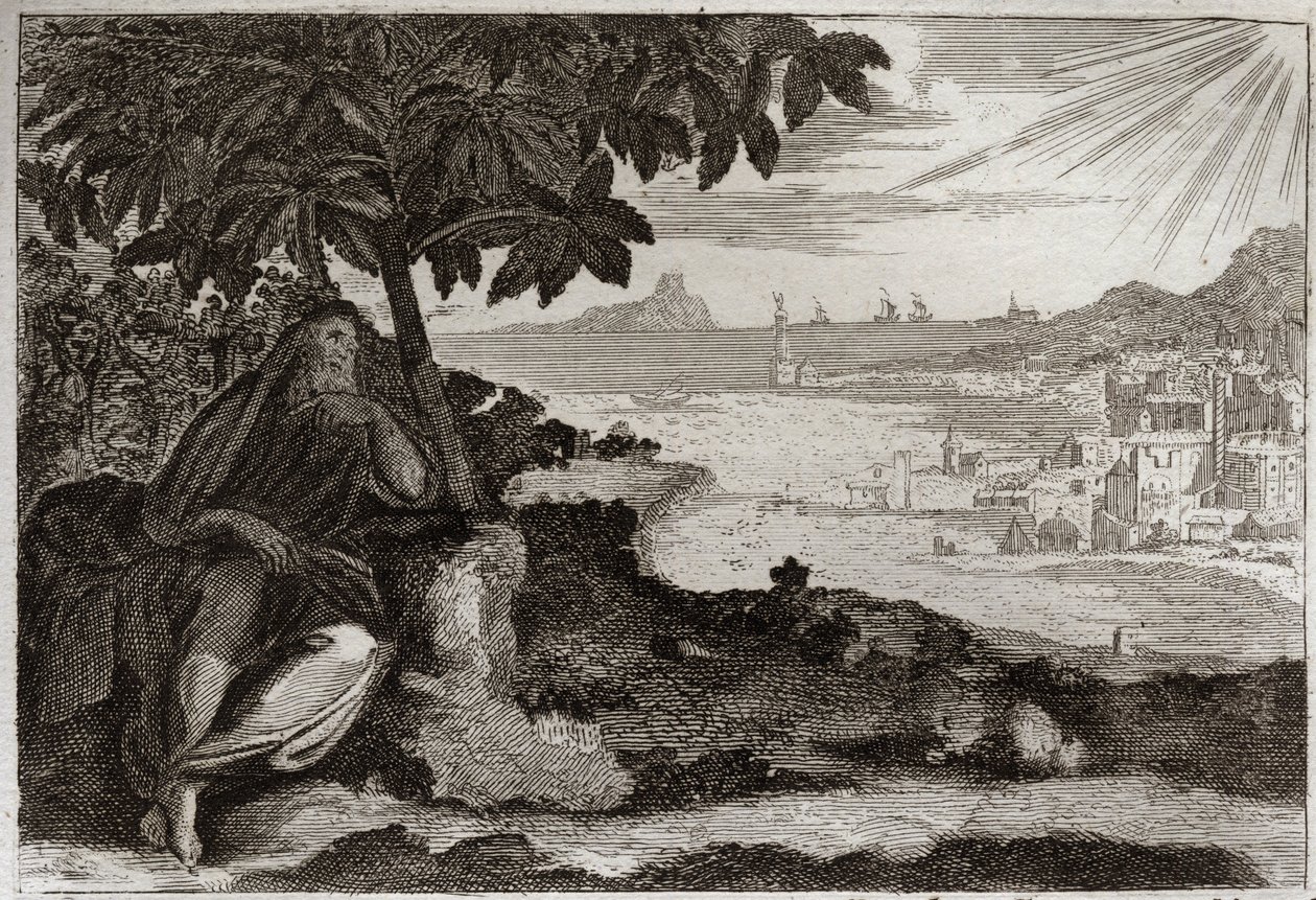 Bible of Royaumont, Gamla testamentet: Murgröna desseche. Gud visar genom ett känsligt exempel, för sin profet Jonas, hur mycket han älskar människor och hur mycket smärta han lider när han tvingas straffa dem. Illustration från 1811. av Unknown artist