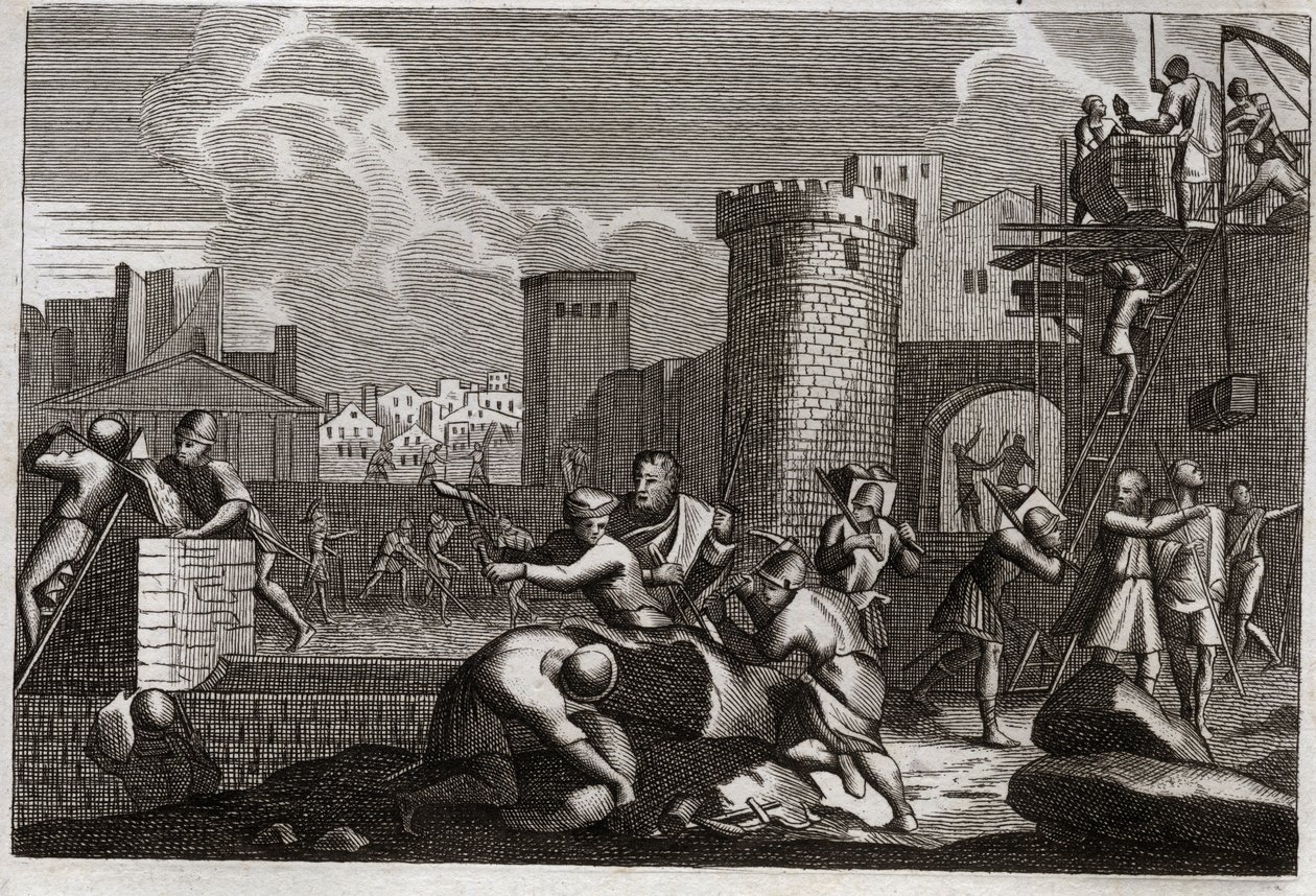 Bible of Royaumont, Gamla testamentet: Jerusalem rabatt. Kung Artaxerxes I skickade Nehemia till Jerusalem med tillstånd att göra uppror mot alla dess murar. Illustration från 1811. av Unknown artist