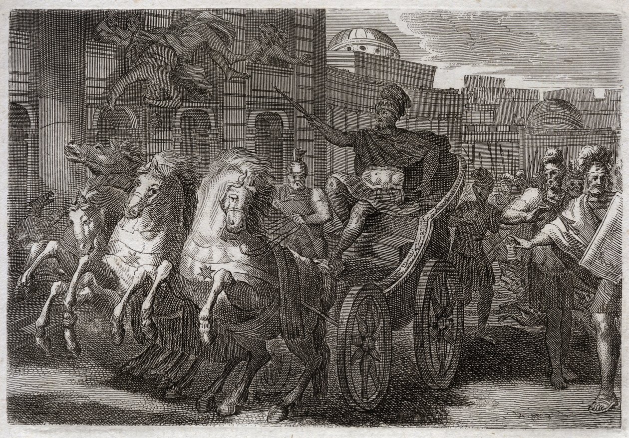 Bibeln från Royaumont, Gamla testamentet: Jezabel äter hundar. Jehu får Jezabel att kasta ut genom ett fönster och hon har ätit av hundar. Illustration från 1811. av Unknown artist