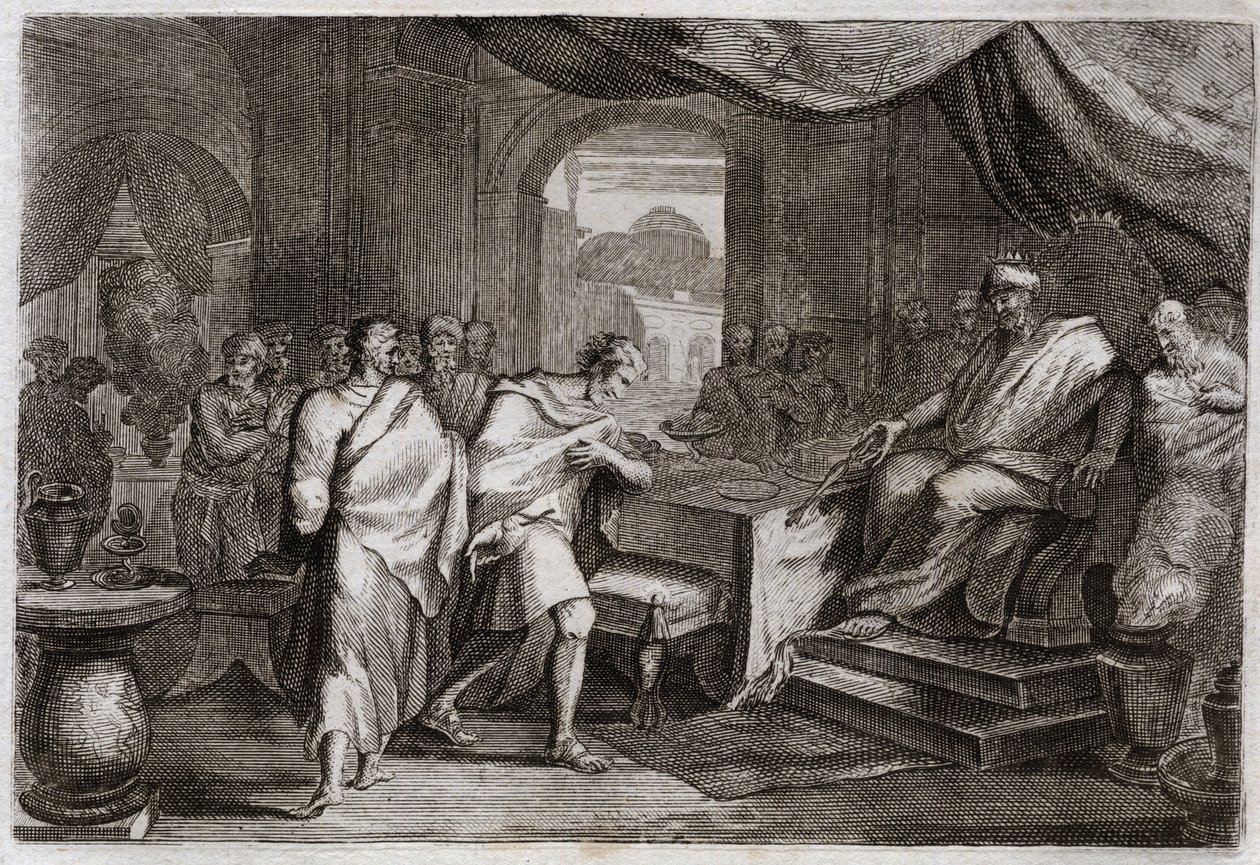 Bibeln från Royaumont, Gamla testamentet: Joachim skjuter järn. Evilmerodach (Evil Merodac, Evil Merodac), kung av Babylon, efter Nebukadnessar II:s död, behandlar Joakim (Joakim, Joachin, Jechoniah), en gång kung av Juda, och drar honom från järn för att  av Unknown artist