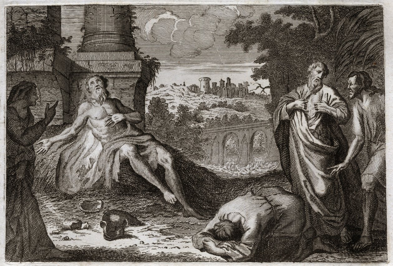 Bibeln från Royaumont, Gamla testamentet: Job på gödsel. Den helige mannen Job frestas av demonen som tar bort allt hans goda och alla hans barn, och slår honom med ett fruktansvärt sår och lämnar honom bara hans hustru att bära honom otåligt. Illustration av Unknown artist