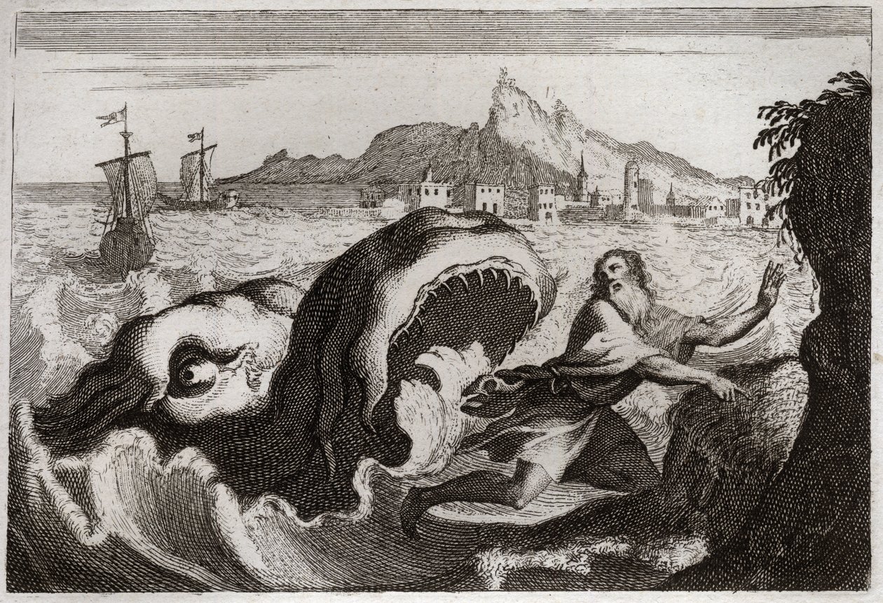 Bibeln från Royaumont, Gamla testamentet: Jona i valen. Profeten Jonas bor i en val och kommer ut levande. Illustration från 1811. av Unknown artist