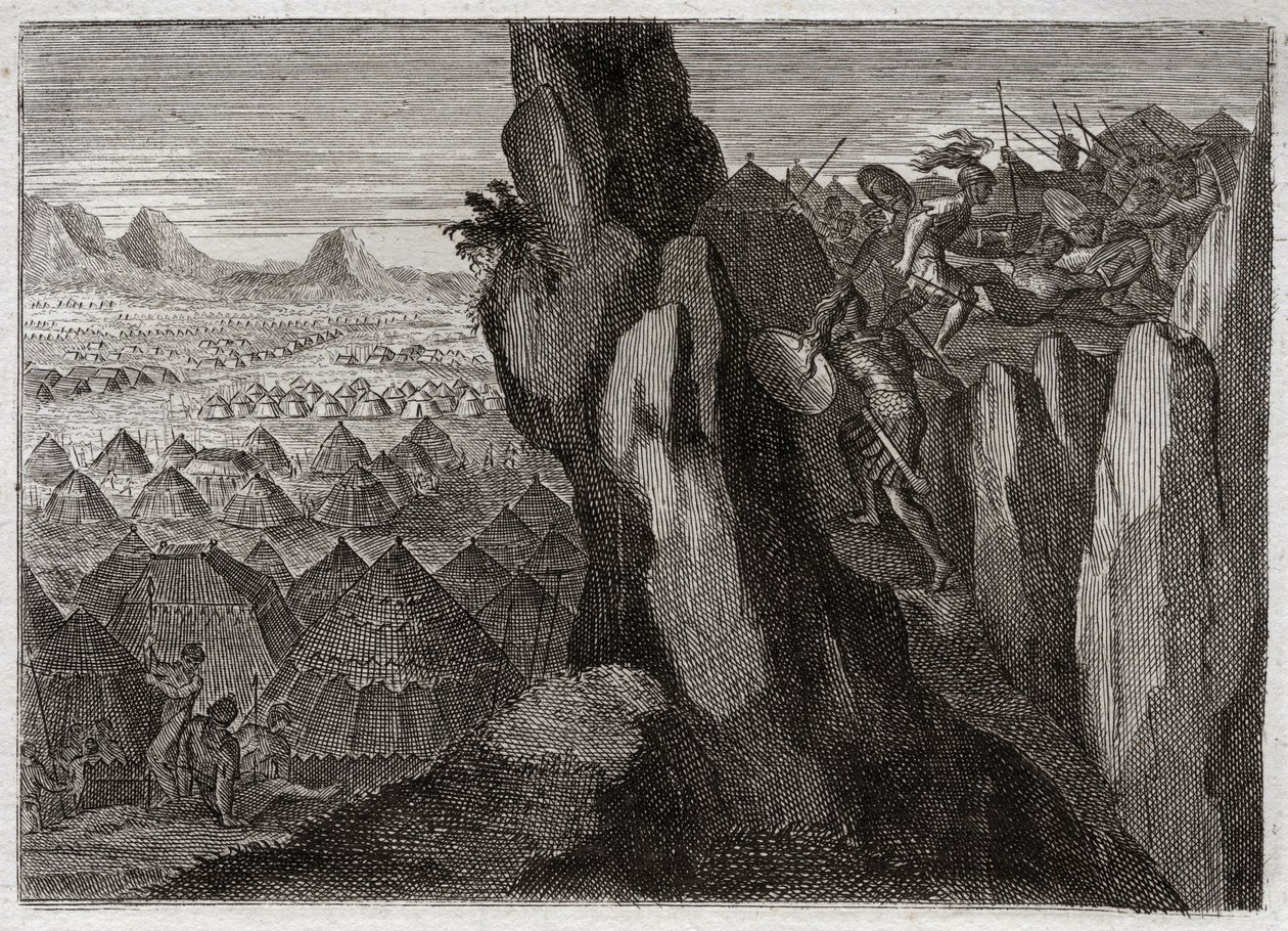 Bible of Royaumont, Gamla testamentet: Jonathan och hans Ecuyer. Jonatan, kung Sauls son, går ensam med sin ecuyer in i filistéernas läger och låter dem fly. Illustration från 1811. av Unknown artist