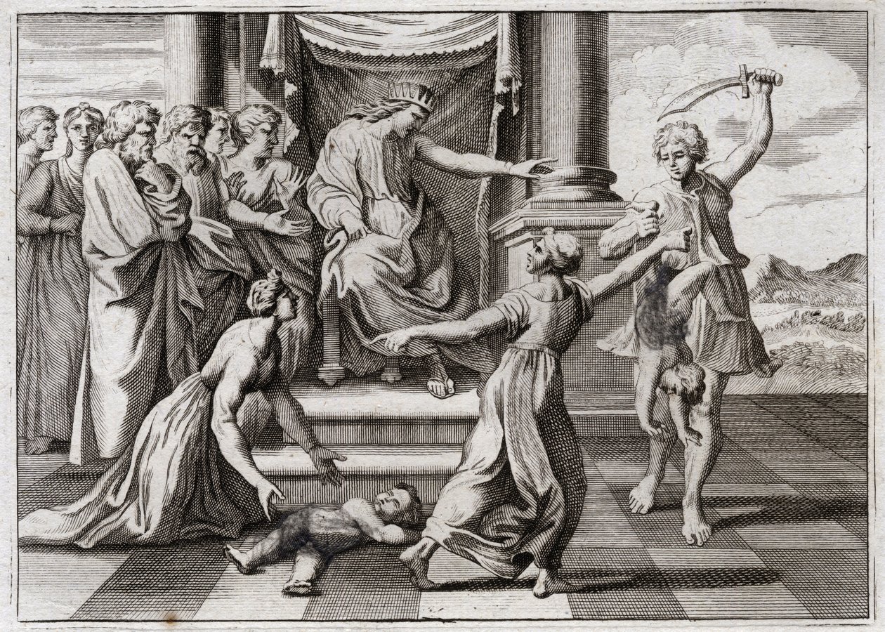 Bibeln från Royaumont, Gamla testamentet: Salomos dom. Salomos berömda dom mellan två kvinnor, för att erkänna vilken av de två som var mor till ett barn, som båda påstod sig vara hon. Illustration från 1811. av Unknown artist