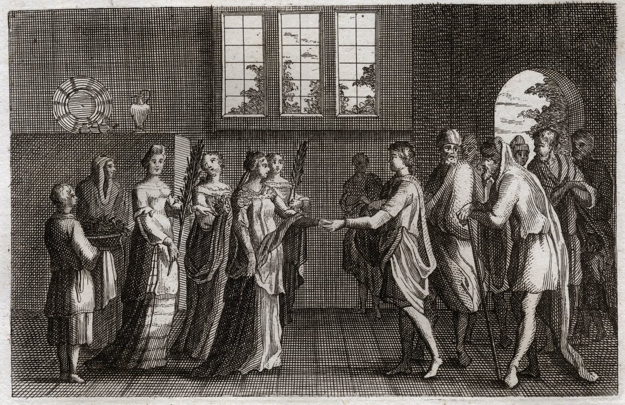 Bibeln från Royaumont, Gamla testamentet: Isaks bröllop. Isaac, Abrahams son, gifter sig med Rebecca. Illustration från 1811. av Unknown artist
