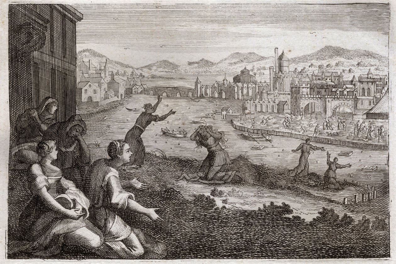 Bibeln från Royaumont, Gamla testamentet: Egyptens barnmorskor. Farao låter israeliternas manliga barn kastas i Nilen. Illustration från 1811. av Unknown artist