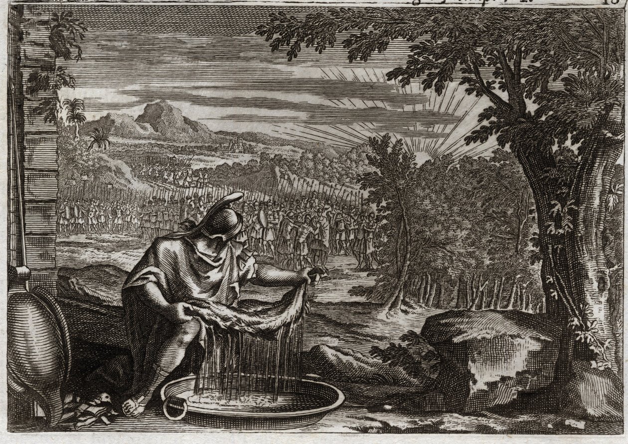 Bible of Royaumont, Gamla testamentet: Mirakel av fleece. Gedeon (Gideon) fick av Gud underverket med ull som bevis på att han hade valt det och att han skulle göra det till sitt folks befriare. Illustration från 1811. av Unknown artist