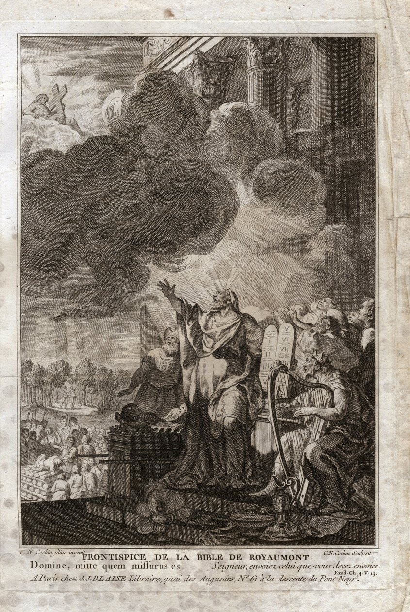 Bibeln från Royaumont, Gamla testamentet: Moses vänder sig till Gud ("Herre, sänd vem du måste sända"). Frontispice. Illustration från 1811. av Unknown artist