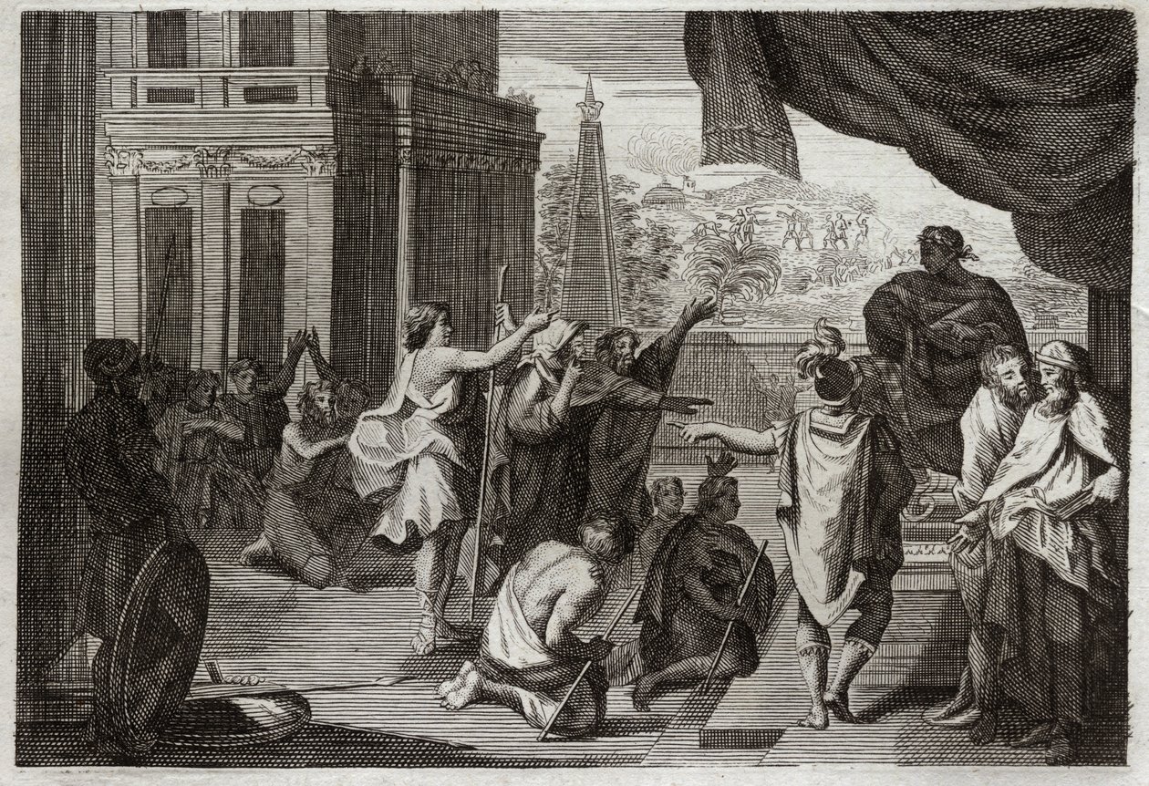 Bibeln från Royaumont, Gamla testamentet: Moses före farao. Mose ber Farao att låta hebréerna gå ut i öknen för att offra till Herren. Illustration från 1811. av Unknown artist