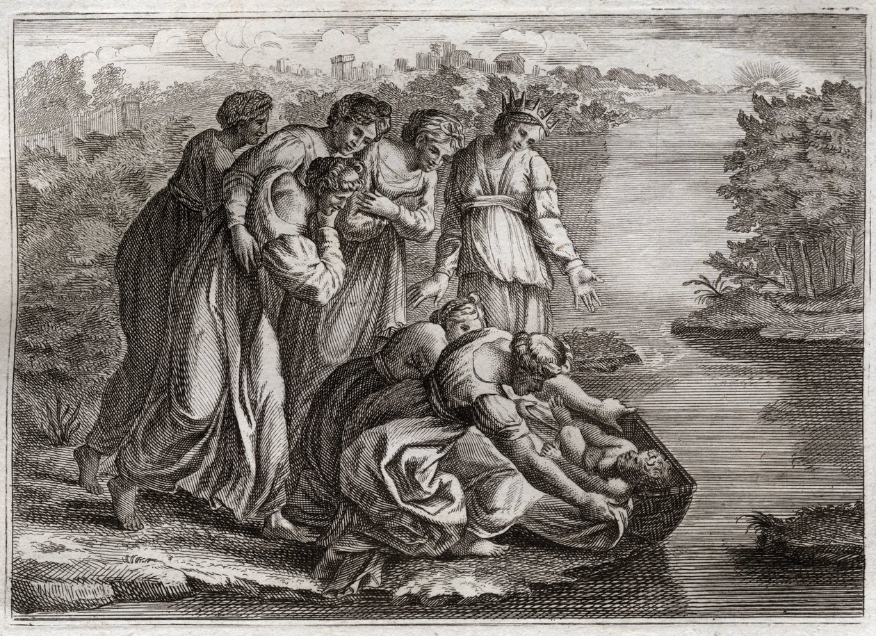 Bibeln från Royaumont, Gamla testamentet: Moses räddar vattnet. Faraos dotter drog bort Mose från Nilens vatten och adopterade honom till sin son. Illustration från 1811. av Unknown artist