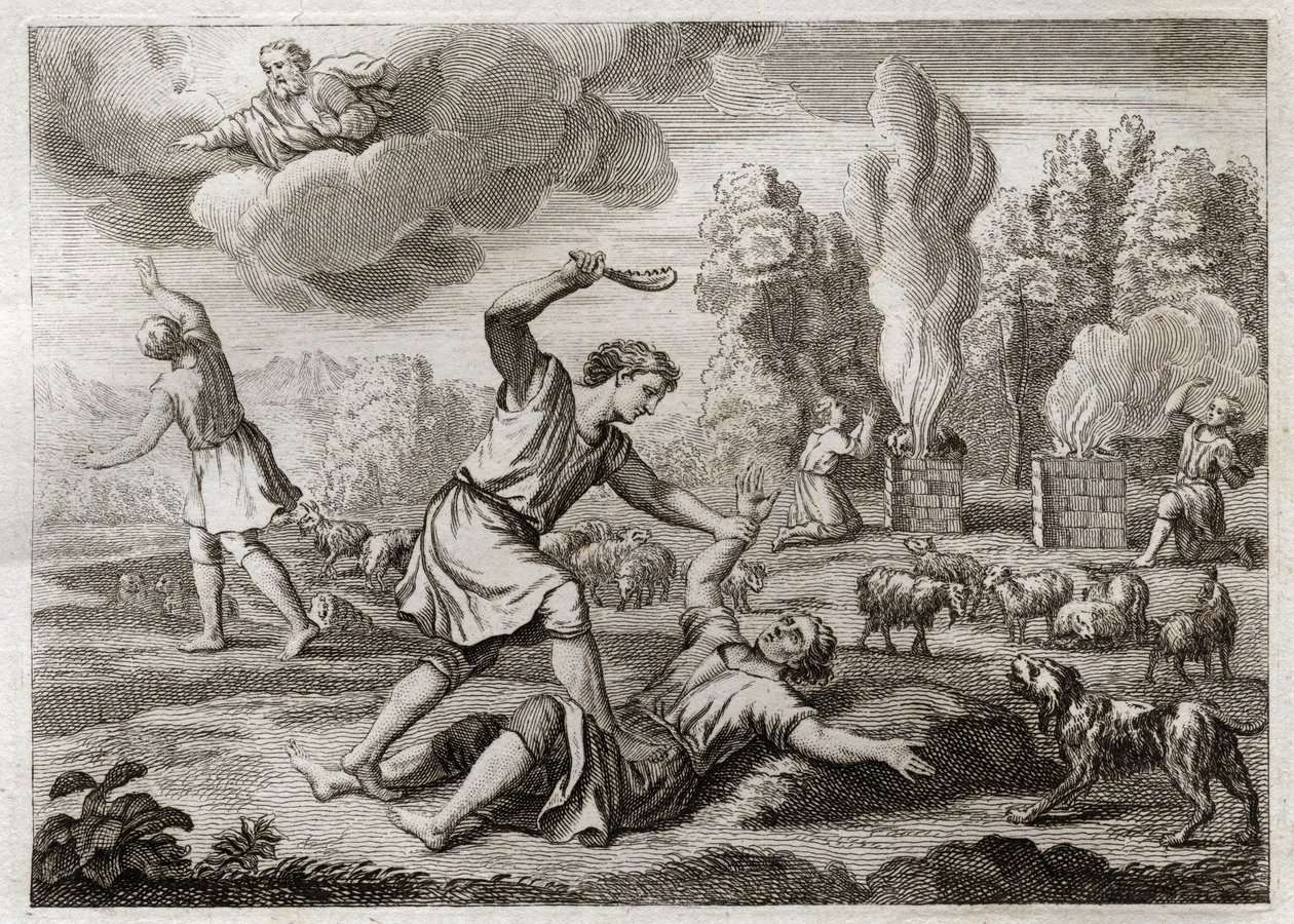 Bible of Royaumont, Gamla testamentet: Mordet på Abel. Kain bär sin bror av avund mot Abel, tar honom ut på landsbygden som om han skulle gå och dödar honom. Illustration från 1811. av Unknown artist