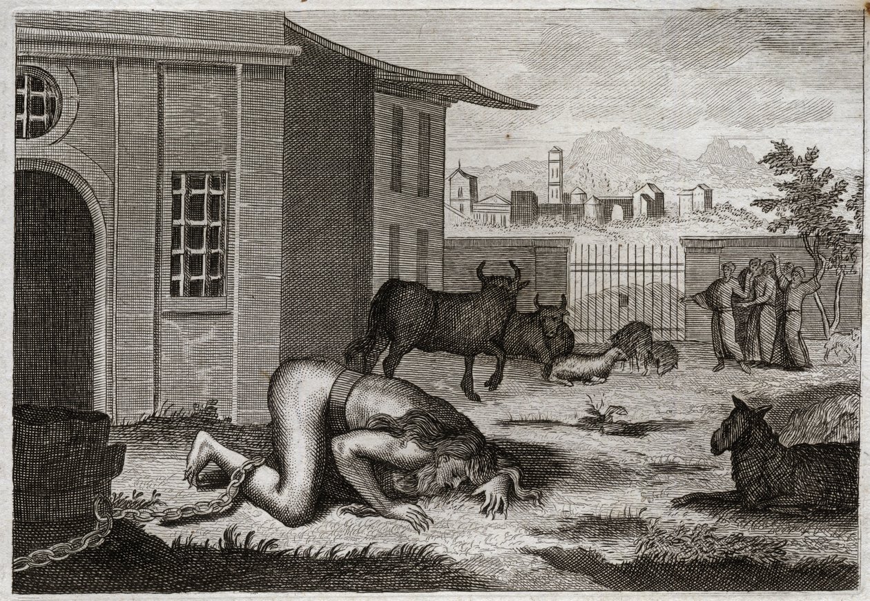 Bibeln från Royaumont, Gamla testamentet: Nebukadnessar ändras till bete. Kung Nebukadnessar II förvandlas genom ett rättvist straff för sin stolthet till bete. Illustration från 1811. av Unknown artist