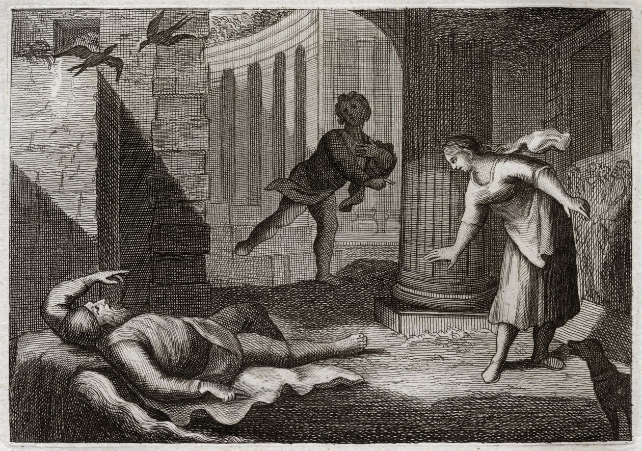 Bible of Royaumont, Gamla testamentet: Gamle Tobie förlorar synen. Den helige mannen Tobie förlorar synen och utsätts för denna ondska med extremt tålamod. Illustration från 1811. av Unknown artist
