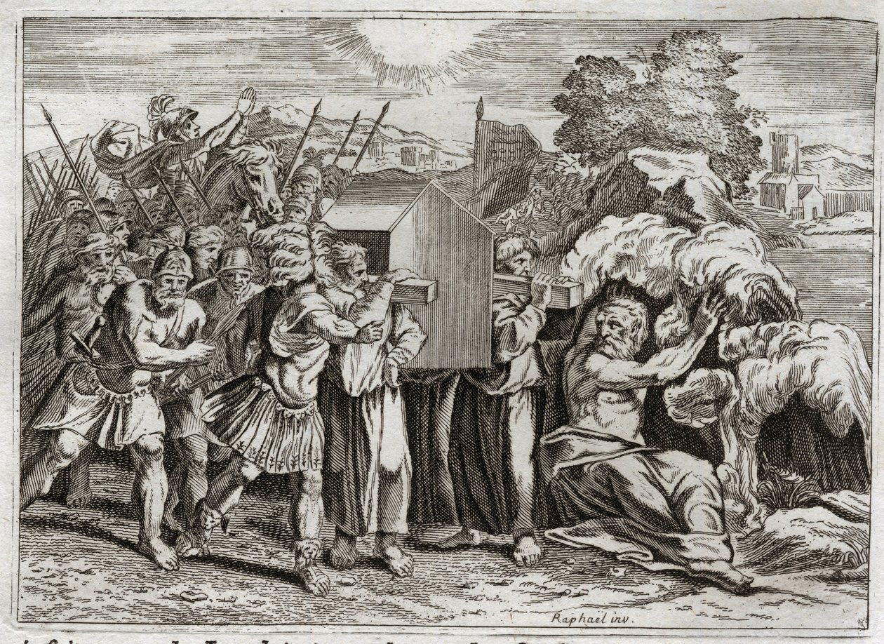 Bibeln från Royaumont, Gamla testamentet: Jordaniens passage. Josua för Jordan till allt folket. Denna flod torkar ut, och prästerna som bar förbundsarken kom in i den; och vattnet reste sig ovanför och förblev upphängda som ett berg. jag av Unknown artist