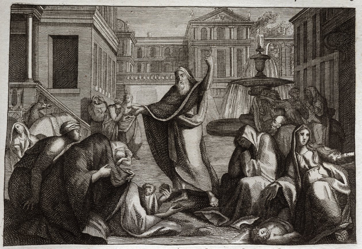 Bibeln från Royaumont, Gamla testamentet: Niniviternas ånger. Nineves invånare alla ångerfulla vid predikan av den helige profet Jona. Illustration från 1811. av Unknown artist