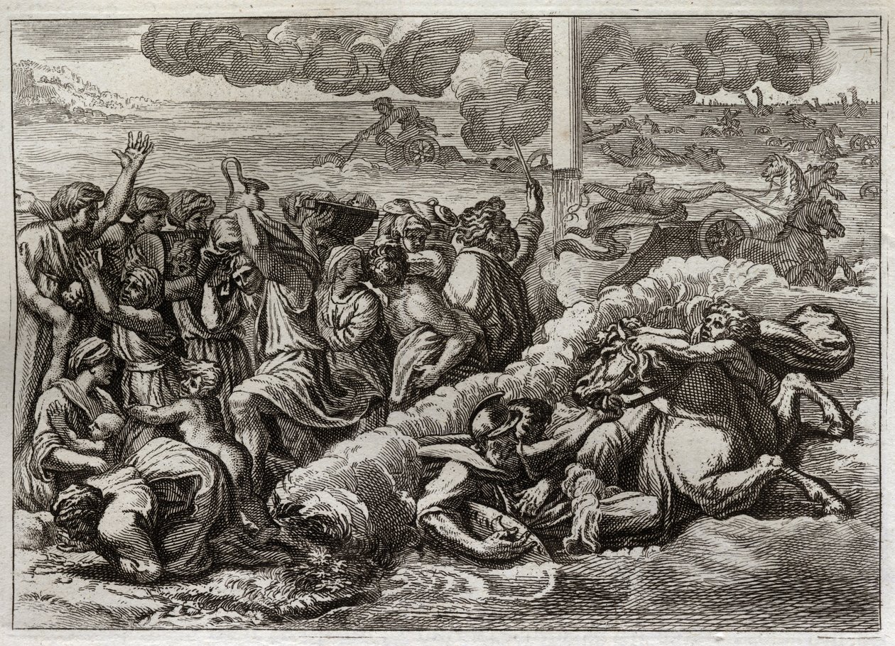 Bibeln från Royaumont, Gamla testamentet: Farao sänker sig i Röda havet. Mose och hebréernas passage av Röda havet, dränkande faraos armé. Illustration från 1811. av Unknown artist