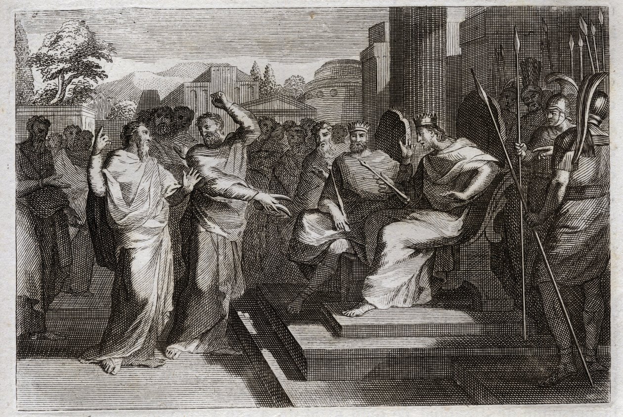 Bibeln från Royaumont, Gamla testamentet: Piete of Josaphat. Josafat, Judas fromaste kung, får alla furstar som finns runt omkring honom att darra och vittnar på olika sätt om sin fromhet mot Gud, vilket gjorde att han segrade över sina fiender. Illustr av Unknown artist