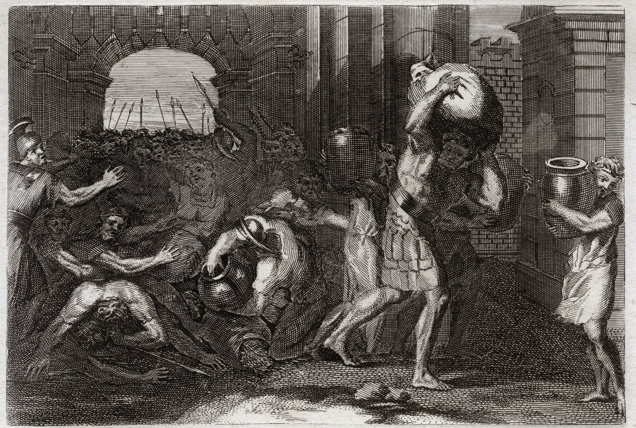 Bible of Royaumont, Gamla testamentet: Elisees förutsägelse. En Samarias Herre, som har vilseledt Elisees ord, trängs vid hans fötter. Illustration från 1811. av Unknown artist