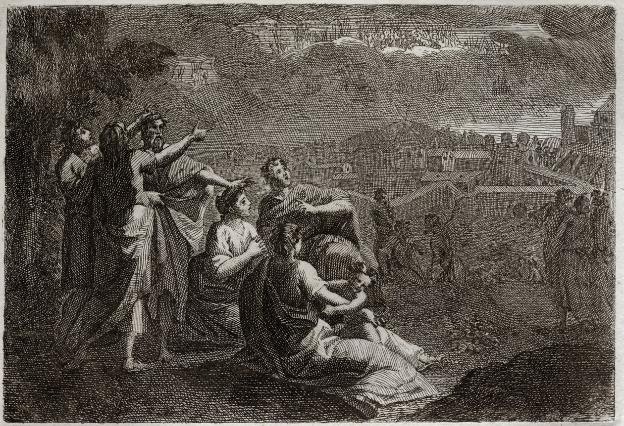 Bible of Royaumont, Gamla testamentet: Förutsägelser om Jerusalem. Gud har gett upp vapen i luften mot Jerusalem, för att föra över henne de ondska som skulle smälta över henne. Illustration från 1811. av Unknown artist
