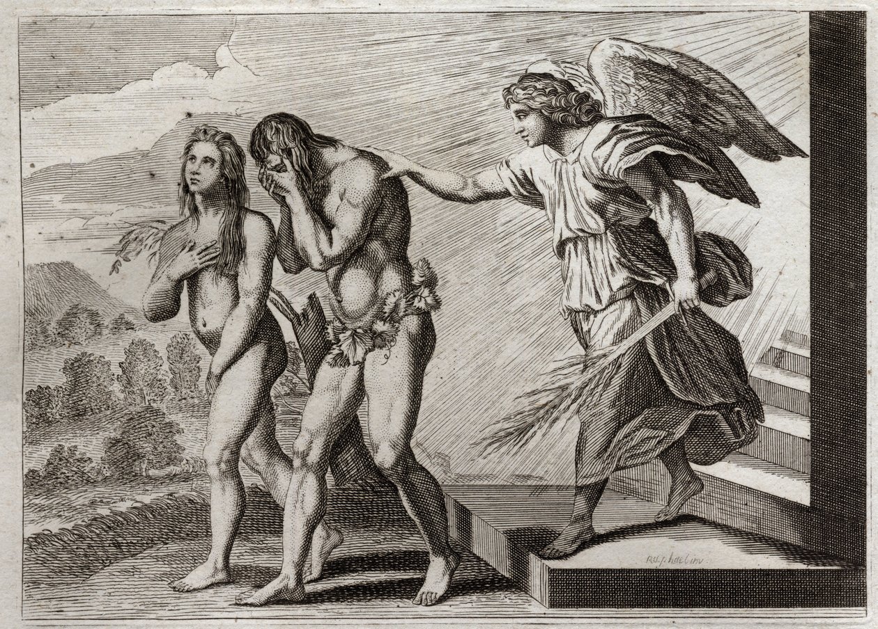 Bibeln från Royaumont, Gamla testamentet: Adams straff. Gud driver Adam och Eva ut ur paradiset efter att de fallit, och sätter en Cherubin vid dörren för att försvara deras ingång. Illustration från 1811. av Unknown artist