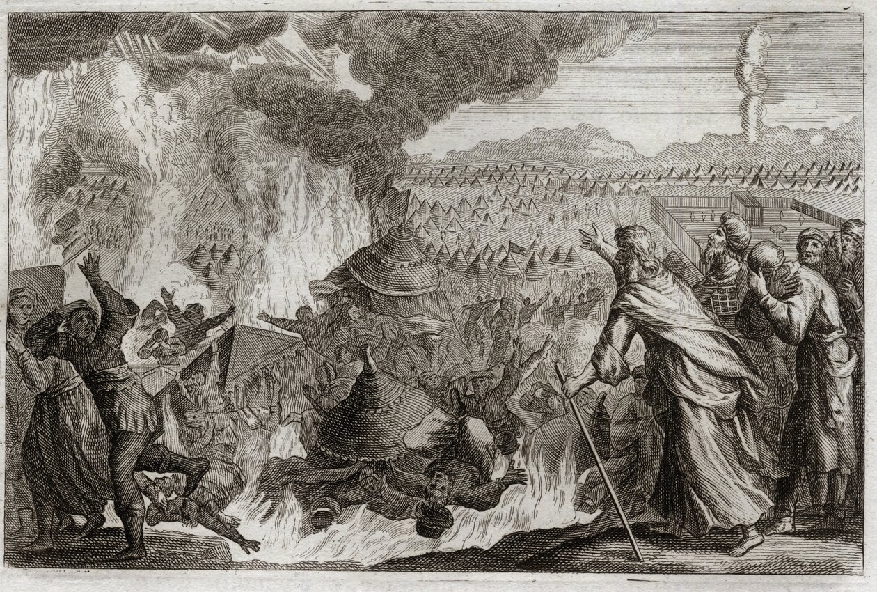 Bibeln från Royaumont, Gamla testamentet: Bestraffning av himmelsk eld. Core (Kore), Datan (Datan, Nathan) och Abriron (Abiram) som mumlar mot Moses och påverkar härskaren Pretrise, förstörs alla levande, och jorden öppnar sig för att sluka dem. Avsnitt av av Unknown artist