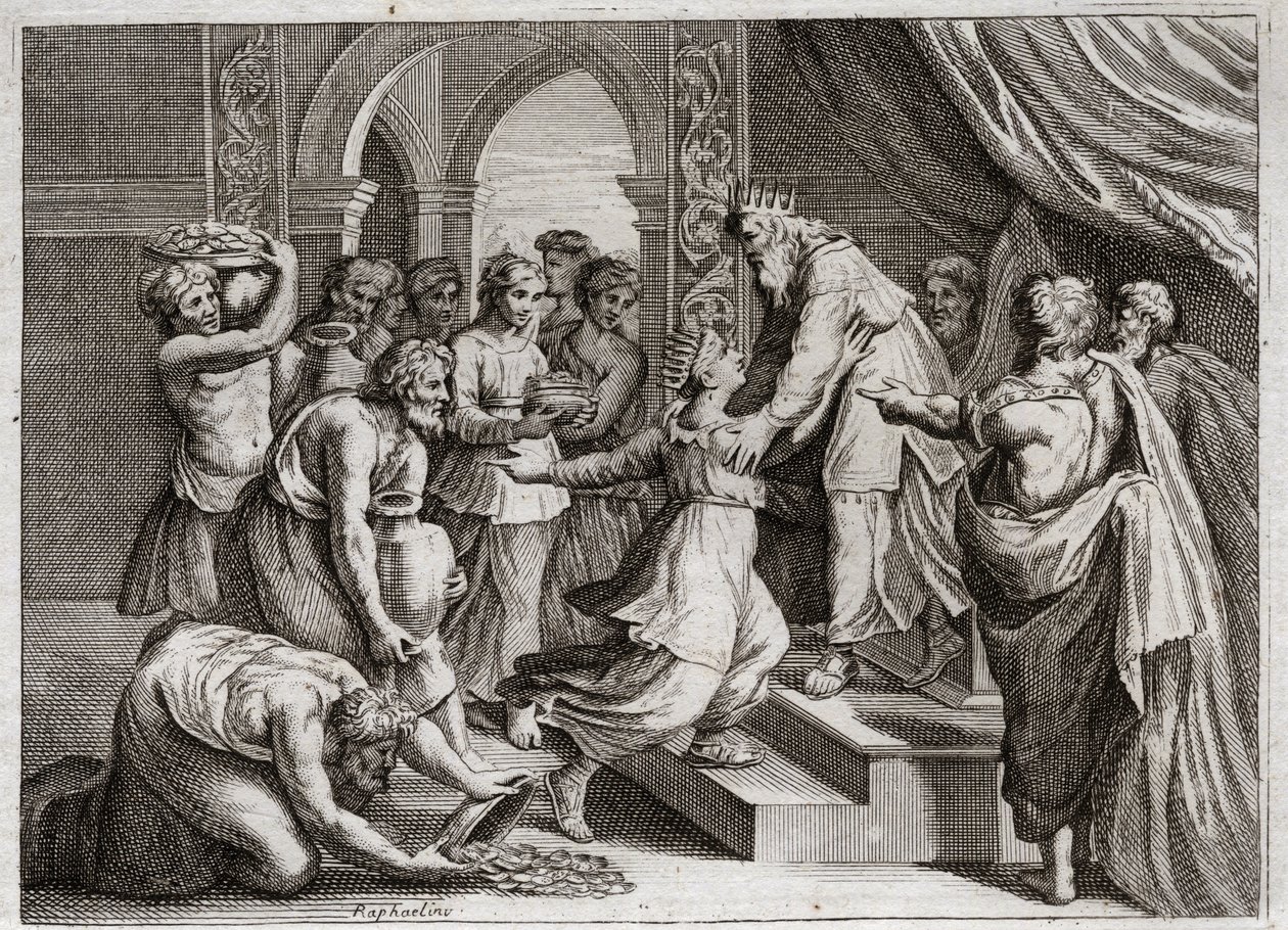 Bibeln från Royaumont, Gamla testamentet: Drottning av Saba. Drottningen av Saba kommer till Salomo för att lyssna på hans visdom och ge honom presenter. Illustration från 1811. av Unknown artist