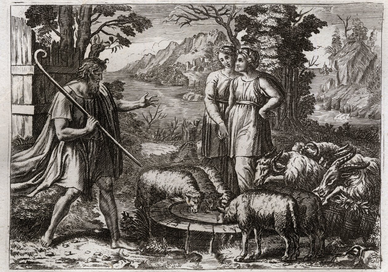 Bible of Royaumont, Gamla testamentet: Rachel och Lea. Jakob tjänar Laban, sin farbror, för att få sin dotter Rachel att gifta sig. Illustration från 1811. av Unknown artist