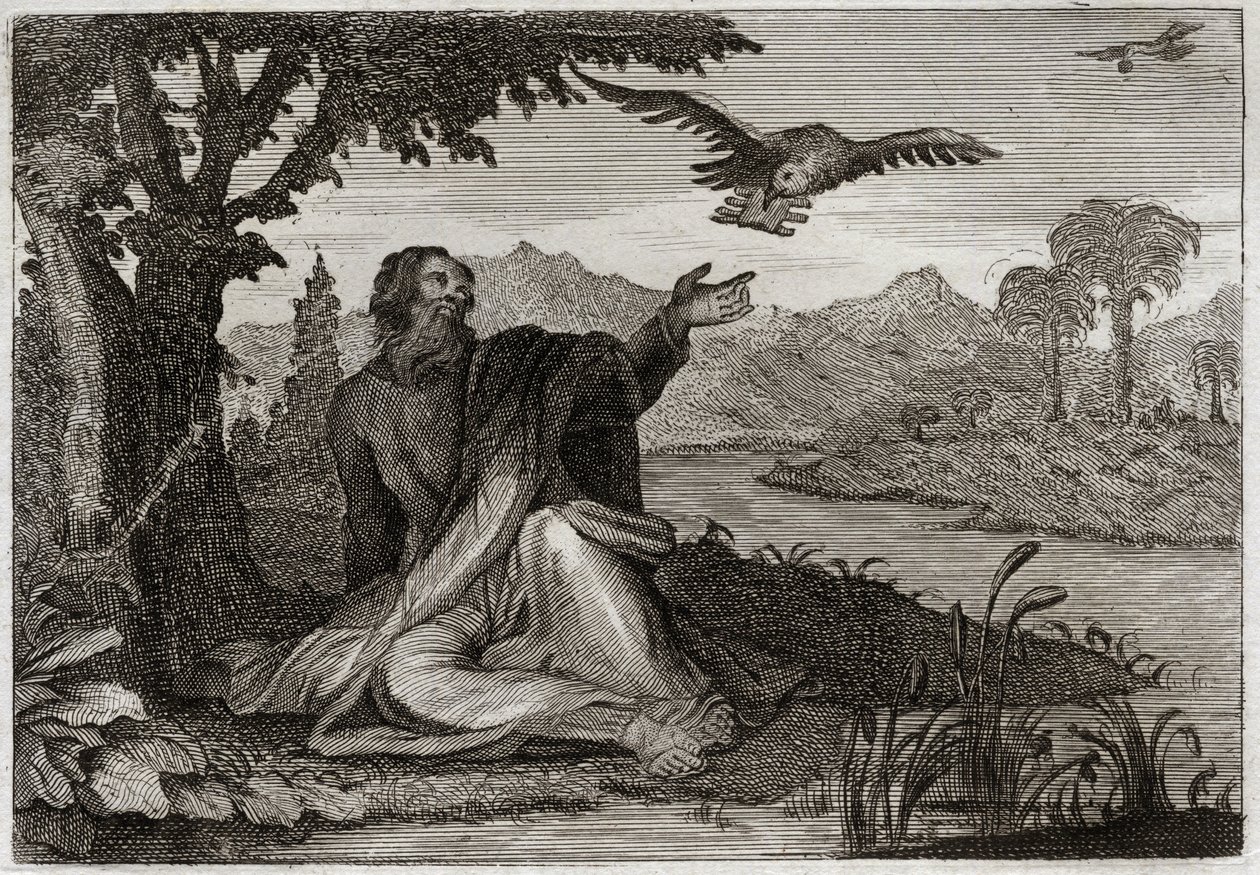 Bibeln från Royaumont, Gamla testamentet: Elias korpar. Gud slog jorden med en tre år gammal sterilit, skickade profeten Elia genom en bäck, eller så gav två kråkor mat till honom. Illustration från 1811. av Unknown artist