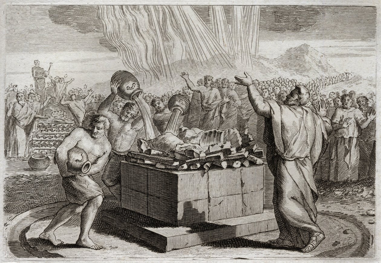 Bibeln från Royaumont, Gamla testamentet: Elias offer. Och efter att ha gjort den sanne Guden känd genom det eldsunder som kom ner från himlen efter hans offer, befallde han folket att döda de fyrahundrafemtio prästerna av Baals avgud. Illustrat av Unknown artist