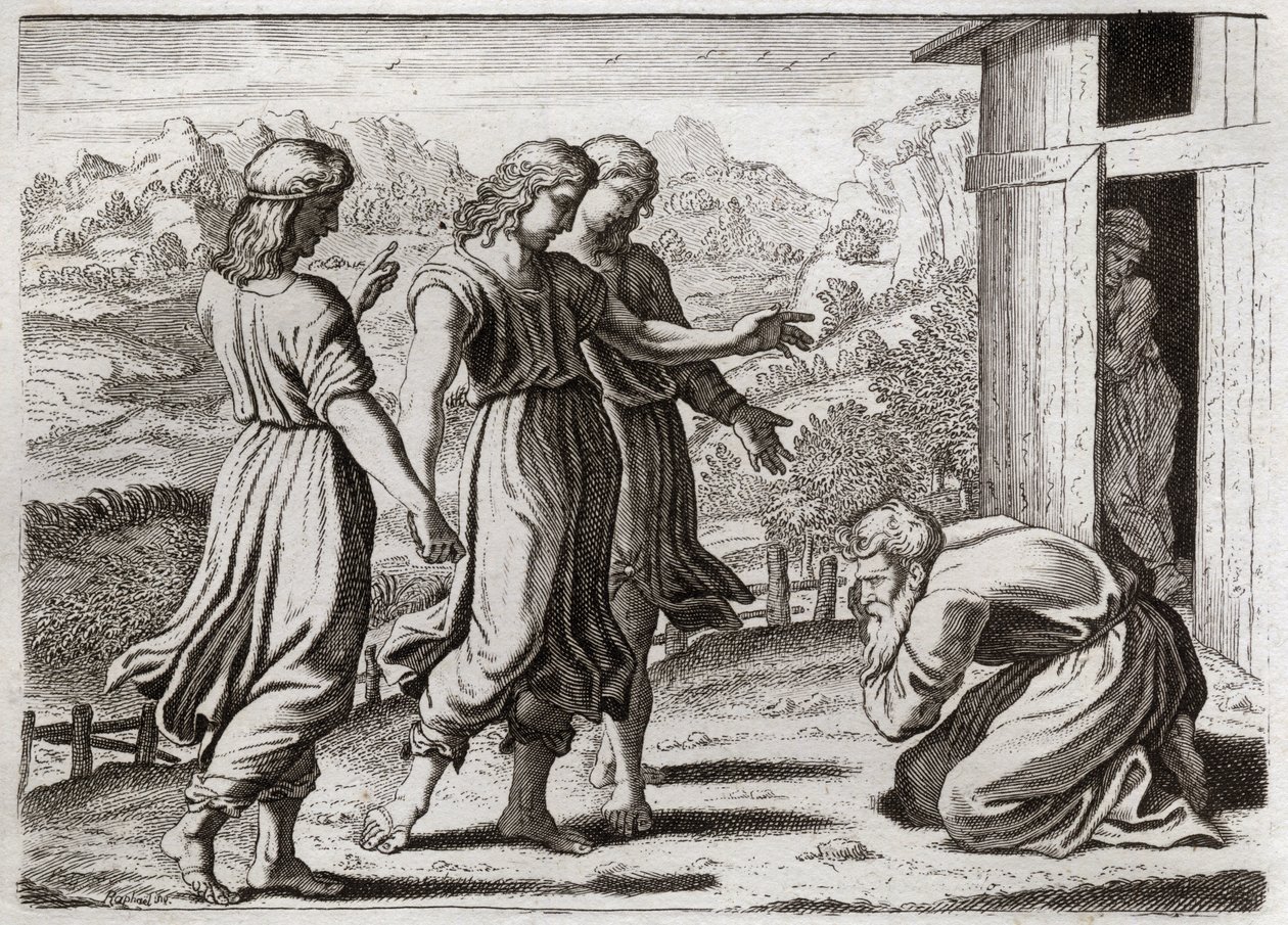 Bibeln från Royaumont, Gamla testamentet: Sara bäddar för Isaac. Abraham tar emot tre änglar som lovar Sara (Sarah) att hon ska få en son om ett år. Illustration från 1811. av Unknown artist
