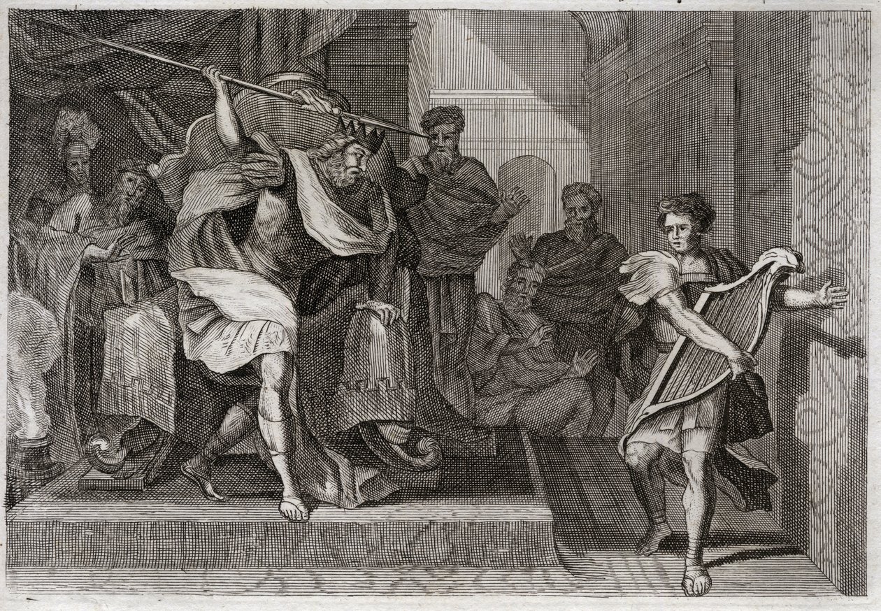 Bibeln från Royaumont, Gamla testamentet: Saul vill döda David. Saul full av vrede och avund mot David, vill sticka hål på hans spjut när han spelade på harpa framför honom. Illustration från 1811. av Unknown artist