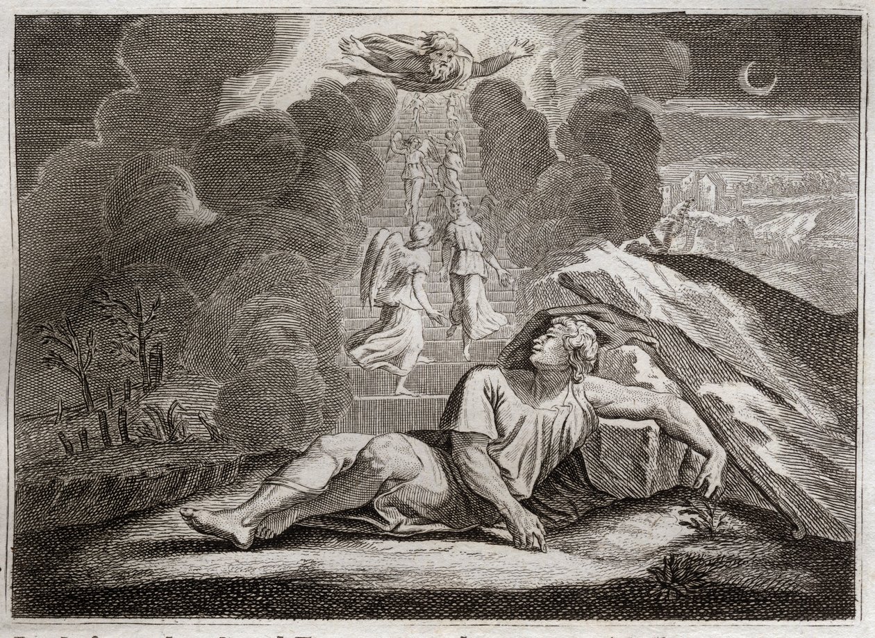 Bibeln från Royaumont, Gamla testamentet: Jakobs skala. Jakob flyr Esaus ilska och lever sova på en mystisk stege. Illustration från 1811. av Unknown artist