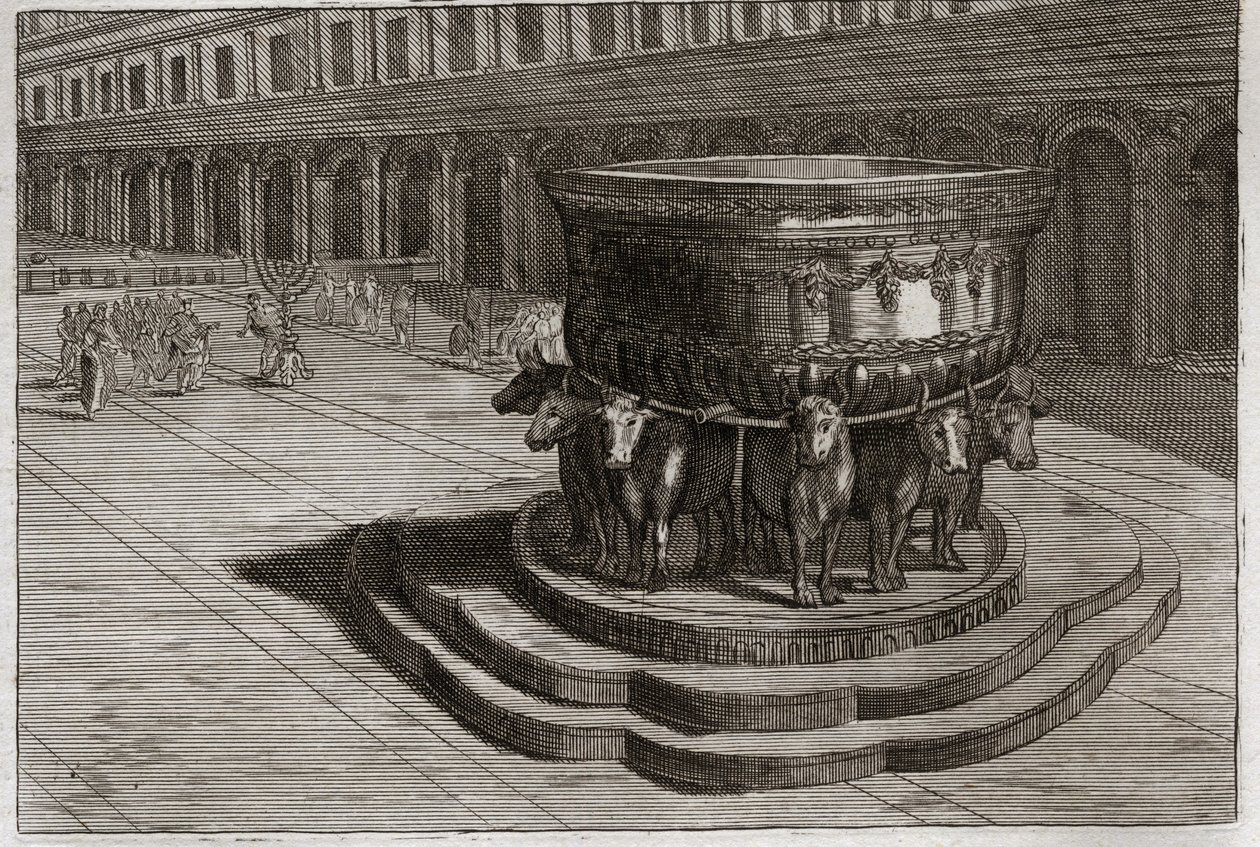 Bible of Royaumont, Gamla testamentet: Hav av fräck. Gjutjärn brukar kalla havet av frälse för att tvätta prästernas fötter och händer när de går in i templet. Illustration från 1811. av Unknown artist