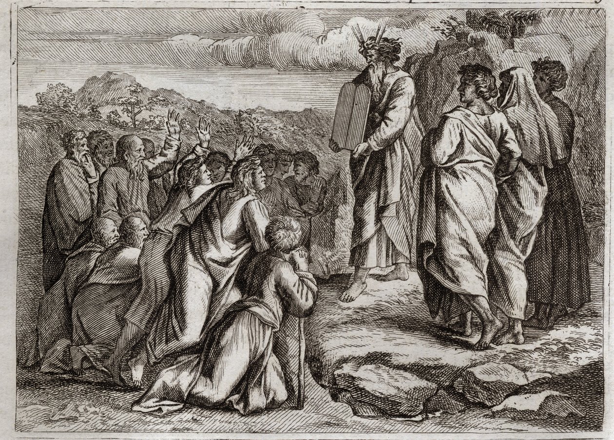 Bibeln från Royaumont, Gamla testamentet: lagens andra tabeller. Gud ger Mose andra bord (tio budord), som folket tar emot med respekt. Illustration från 1811. av Unknown artist