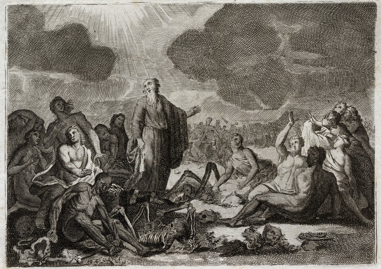 Bibeln från Royaumont, Gamla testamentet: Hesekiels andra syn. Synen att profeten Hesekiel hade från flera ben alla desseches som tog upp en mänsklig gestalt. Illustration från 1811. av Unknown artist