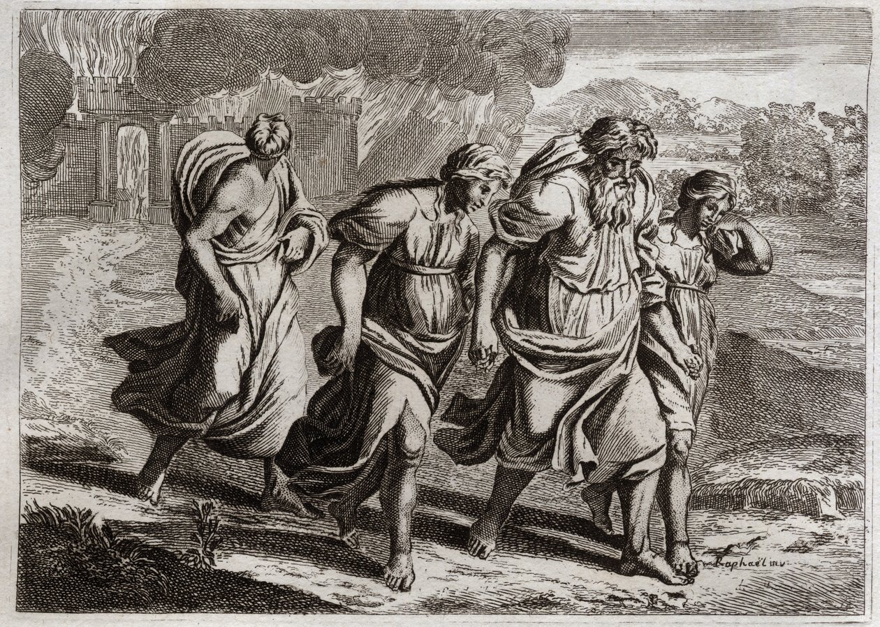 Bibeln från Royaumont, Gamla testamentet: Sodom brulee. Gud retar upp Sodoms avskyvärda brott, bränner upp det med de andra grannstäderna, med ett regn av eld och svavel som han bränner från himlen (Loth, hans döttrar och hans hustru flyr staden). Illustr av Unknown artist