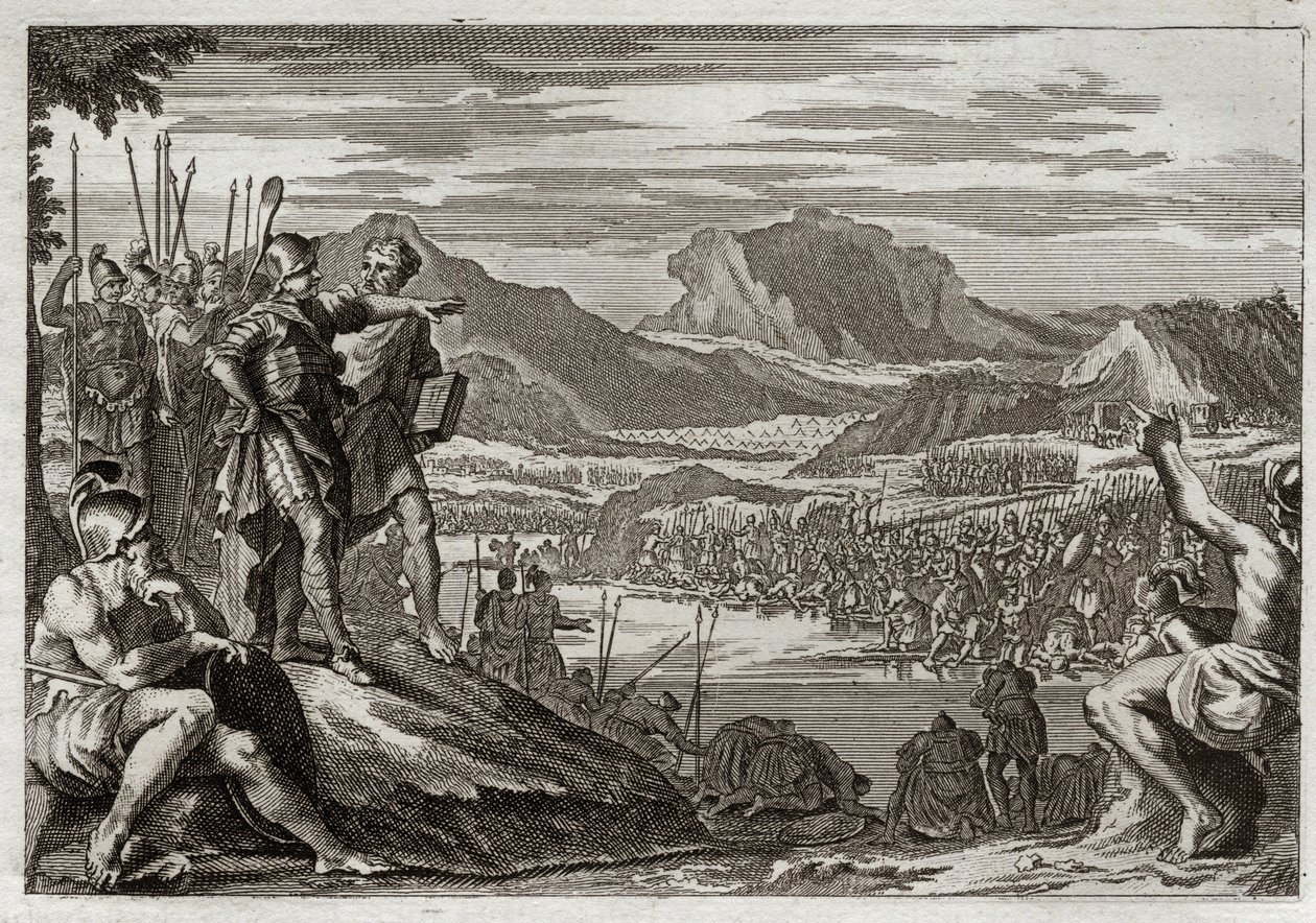 Bible of Royaumont, Gamla testamentet: Soldiers of Gedeon. Gud befaller Gedeon (Gideon) att leda alla sina trupper till Jordanfloden, och ger honom ett märke för att urskilja vilka han skulle använda för att slåss mot midjaniterna. Illustration från 1811. av Unknown artist