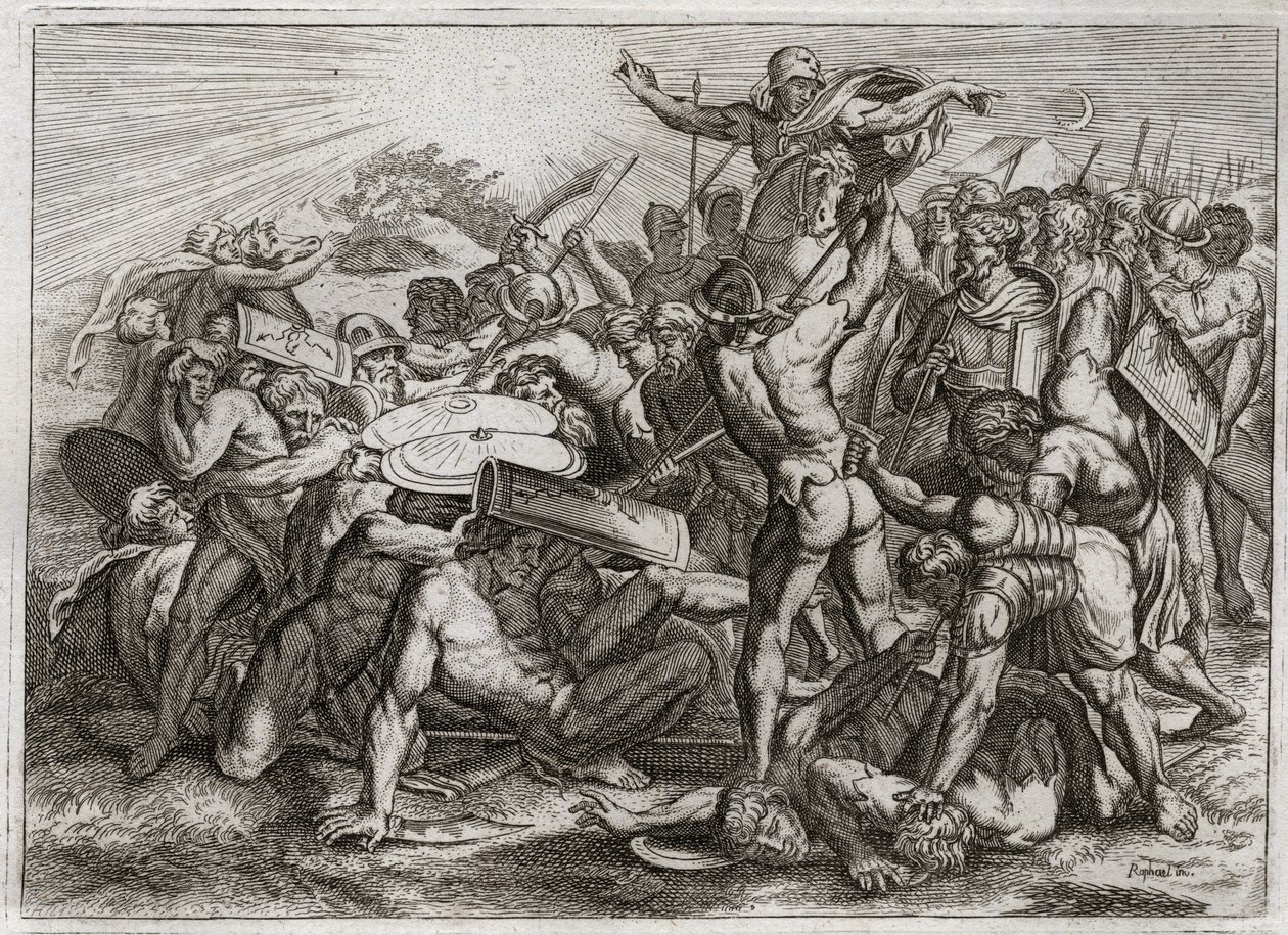 Bible of Royaumont, Gamla testamentet: Sun Stop. Joshua jagar sina amoritiska fiender (amorriter) gör att solen stannar, så att han kan få mer tid att göra ordning på dem. Illustration från 1811. av Unknown artist