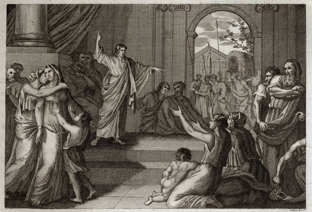 Bible of Royaumont, Gamla testamentet: Susanne delivree. Gud använder den unge Daniels visdom för att befria Susanne från döden, som hon orättvist dömts till. Illustration från 1811. av Unknown artist