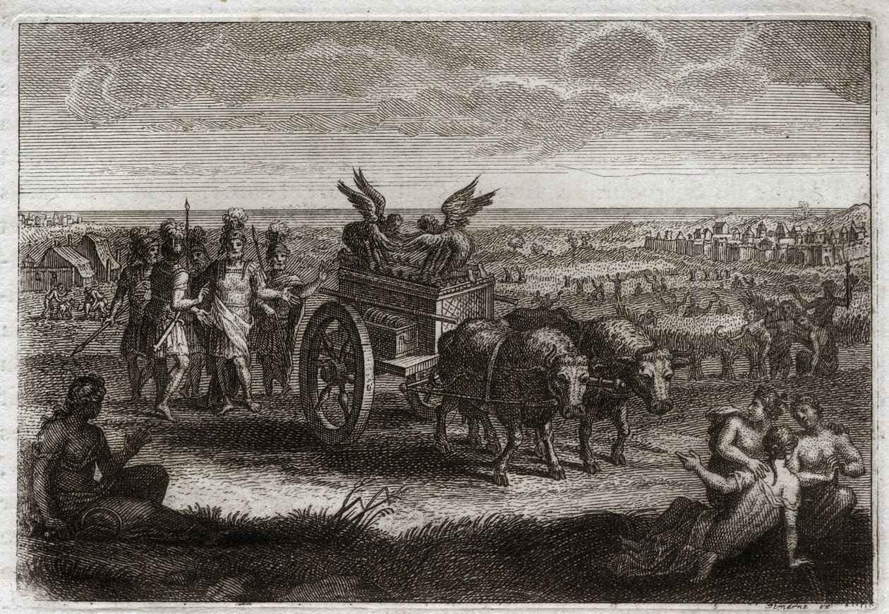 Bible of Royaumont, Gamla testamentet: Arken återvände. Filistéerna skickar tillbaka förbundsarken till Judee för att undvika det onda det orsakade dem varje dag. Illustration från 1811. av Unknown artist