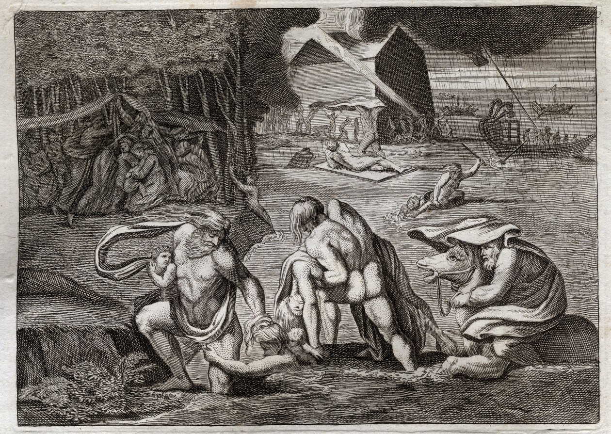 Bibeln från Royaumont, Gamla testamentet: Syndfloden. Syndfloden svämmar över hela jorden. Den enda arken räddar de som var inlåsta i den från denna förlisning. Illustration från 1811. av Unknown artist