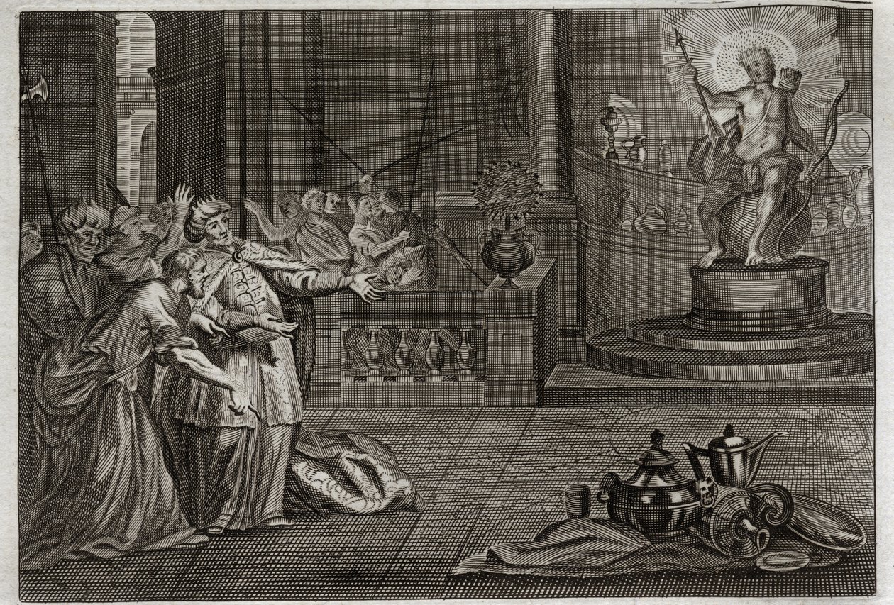 Bible of Royaumont, Gamla testamentet: Idolen från Bel. Daniel förstörde idolen i Bel och dödade en drake som babylonierna tillbad. Illustration från 1811. av Unknown artist